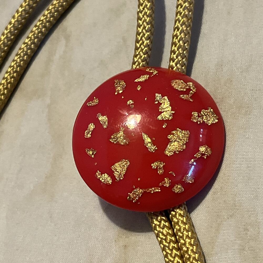 Mid Century Bolo Tie Resin with Gold Flakes RED Tan Retro MOD Western